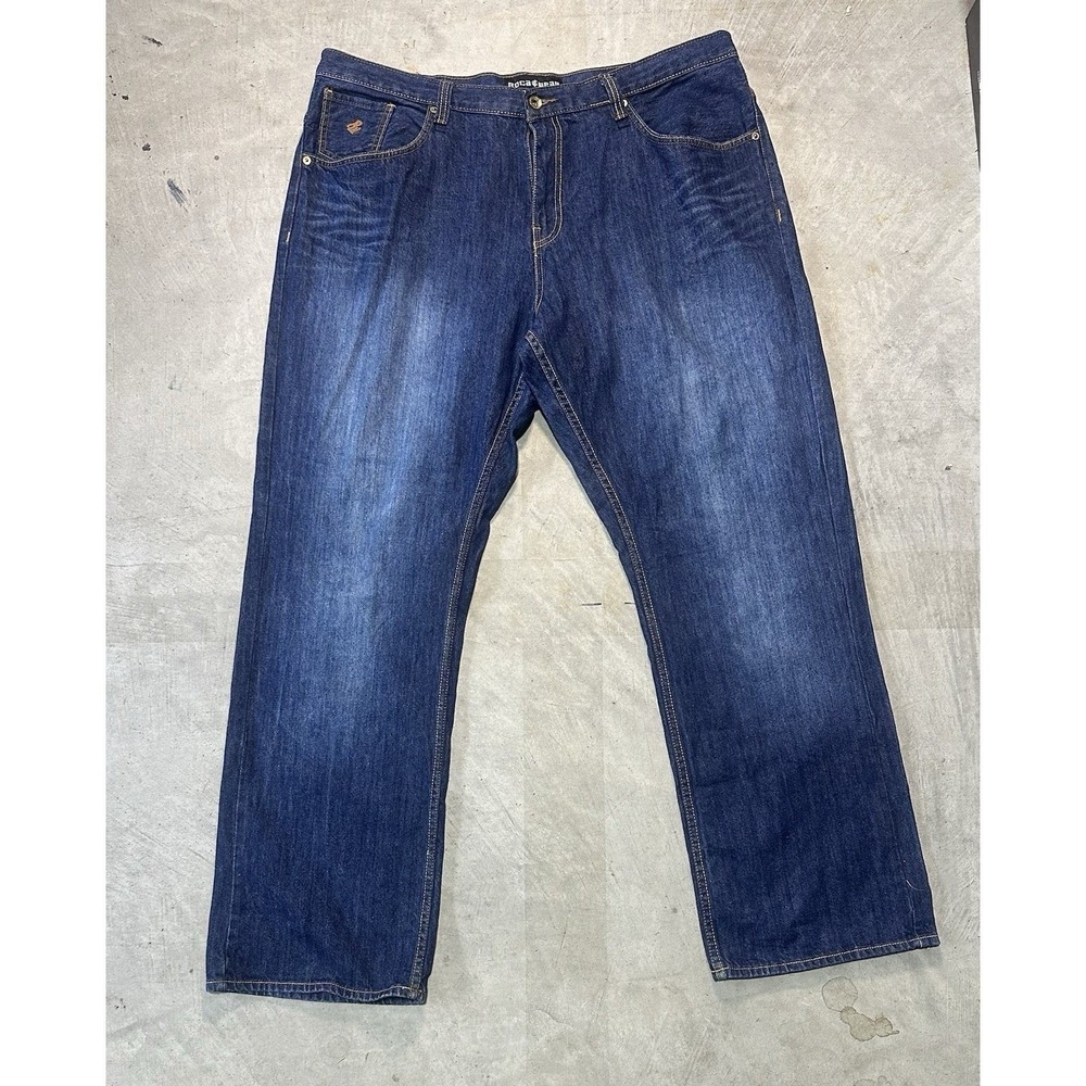 Vintage Y2K Rocawear Baggy Jeans Blue Wide Leg Embroidered Pocket Men's Sz 42x33